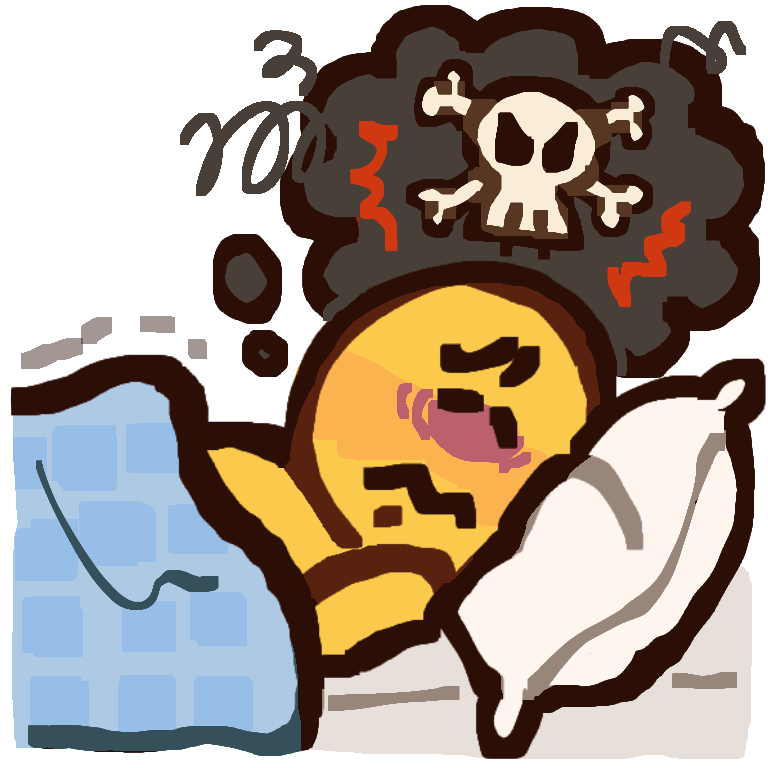 an upset figure lying in bed, a thought bubble coming from them. the thought bubble is black with a skull and crossbones.